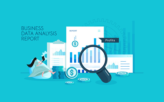 Financial Report. Accounting, analysis, audit, research, results. Laptop with graphs and charts on the screen, clipboard, report, target, calendar, magnifier. Can use for web banner, landing page, web stock illustration