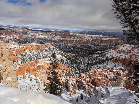 Views of the fairy chimneys of Bryce Canyon National Park on a snowy winter day in southwestern Utah