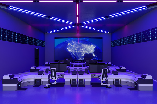 Empty Futuristic Conference Hall Interior With Projection Screen, Chairs, Computers On Desks And Neon Lighting. 3D Rendering

Administrator Note: Protect the world with a mask. Virus Transmission in Droplets. map texture credits to NASA: https://visibleearth.nasa.gov/images/79765/night-lights-2012-map/79766l