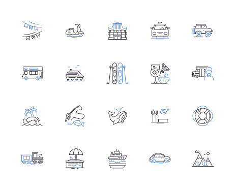 Travel line icons collection. Trip, Tour, Journey, Voyage, Explore, Vacation, Fly vector and linear illustration. Adventure, Sightsee, Road Trip outline signs set