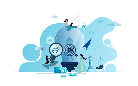 Flat vector illustration, teamwork on finding new ideas, little people launch a mechanism, search for new solutions, creative work stock illustration