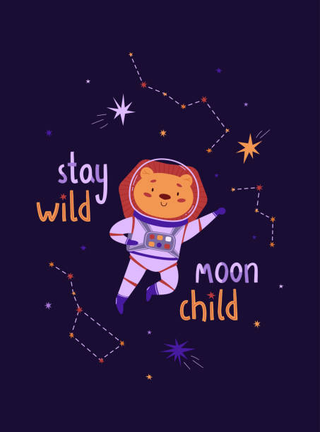 istock Cute space poster vector illustration. Lion astronaut in funny pose in outer space, cartoon animal. Stay wild moon child lettering 1482738404