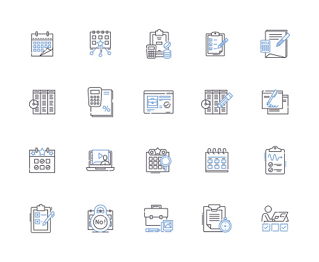 Time and date line icons collection. Time, Date, Calendar, Clock, Hour, Minute, Second vector and linear illustration. Day, Month, Year outline signs set