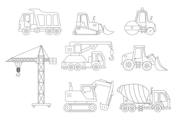 Vector illustration of Construction excavation, road roller, crane and truck. Outline illustrations set isolated on white.