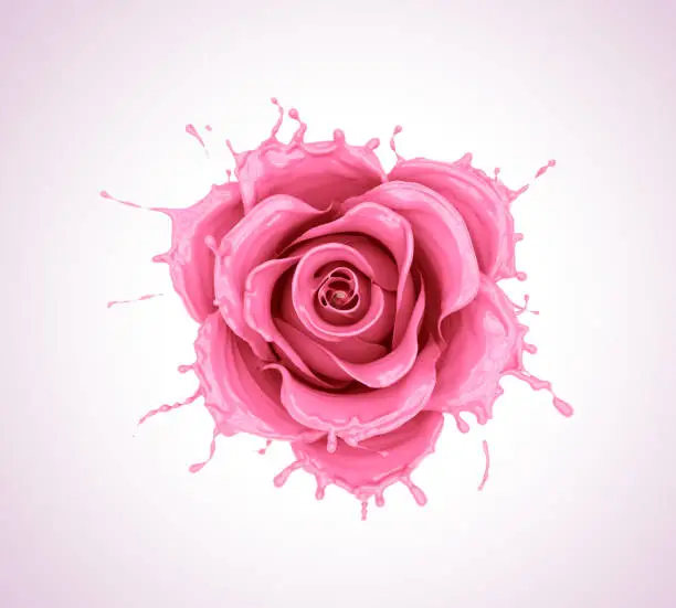 splash of juice or yogurt flower rose, pink liquid flower shape,milk isolated with clipping path, 3d illustration.