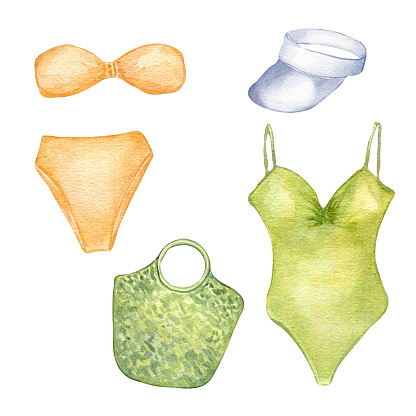 Set of woman's beachwear watercolor illustration isolated on white. Summer style of swimsuits, bikini, cap and bag hand drawn. Design for shop, sale, magazine, packaging, showcase, pattern.