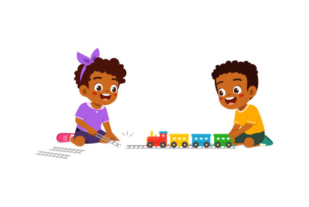 ilustrações de stock, clip art, desenhos animados e ícones de little kid playing toy train made from plastic with friend and feel happy - toy wagon train engine steam