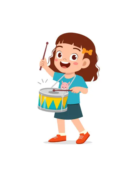 Vector illustration of little kid playing one drum and feel happy