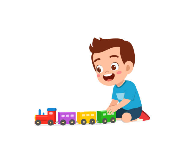 ilustrações de stock, clip art, desenhos animados e ícones de little kid playing toy train made from plastic and feel happy - toy wagon train engine steam