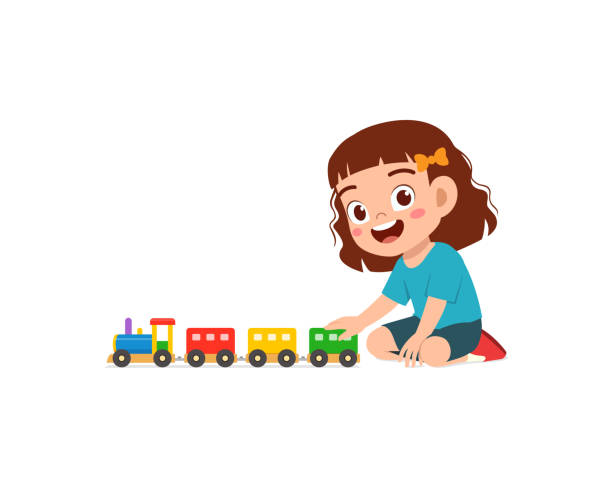 ilustrações de stock, clip art, desenhos animados e ícones de little kid playing toy train made from plastic and feel happy - toy wagon train engine steam