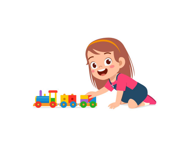 ilustrações de stock, clip art, desenhos animados e ícones de little kid playing toy train made from plastic and feel happy - toy wagon train engine steam