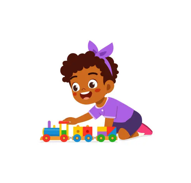 Vector illustration of little kid playing toy train made from plastic and feel happy