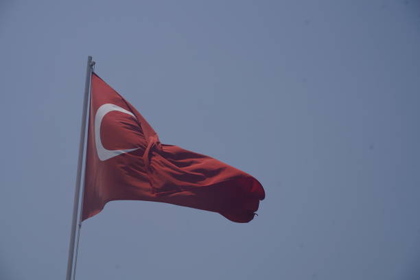 istock Turkish flag waving in blue sky 1482745291