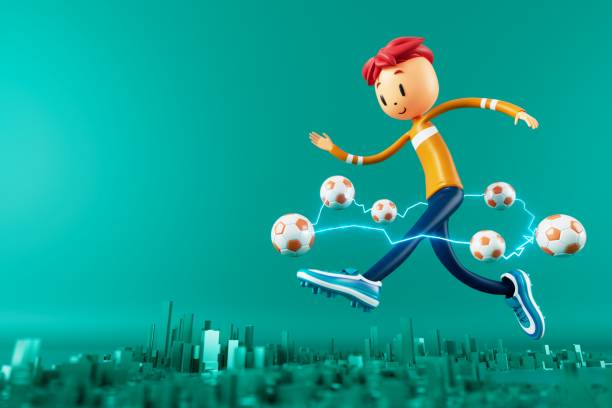 3D boy character football player in soccer action. 3d illustration. sports background concept. men kick motion. sports action person. graphic wallpaper. cartoon game soccer. creative poster layout jugador de fútbol 3d niño personaje en acción de fútbol.3d ilustración. concepto de fondo deportivo. los hombres patean el movimiento. persona de acción deportiva. papel tapiz gráfico. juego de dibujos animados fútbol. diseño creativo de póster