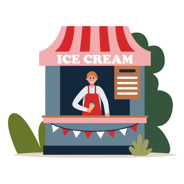 Vector illustration of Cartoon character of positive young man selling ice cream outdoor