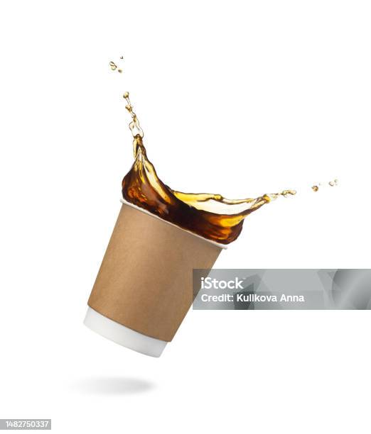 Paper Splashed Coffee Falling Disposable Paper Cup With Coffee Splash Isolated On White ...
