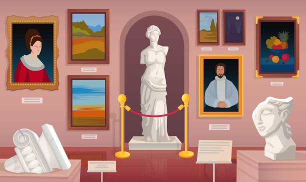 Museum statue. Sculpture anthropology exhibition and paintings on wall inside ancient castle or gallery hall, ancient old palace interior, cartoon ingenious vector illustration Museum statue. Sculpture anthropology exhibition paintings on wall inside ancient castle or gallery hall, ancient palace interior, cartoon ingenious vector illustration of statue sculpture museum art marble cartoons stock illustrations