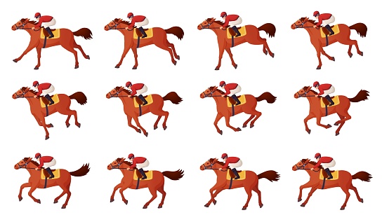 Horse rider animation. Cavalier riding motion frames cycle, jockey galloping or trot running horses, run pirouette pose for race or medieval military cinema, ingenious vector illustration horse rider
