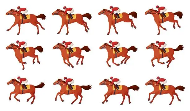 Vector illustration of Horse rider animation. Cavalier riding motion frames cycle, jockey galloping or trot running horses, run pirouette pose for race derby or medieval military cinema, ingenious vector