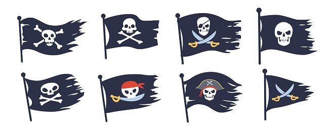 Jolly roger flag. Pirate black flags with skull and crossbones emblem flying on wind for pirates ship nautical travel, piratin skulls bones logo set ingenious vector illustration of black flag pirate