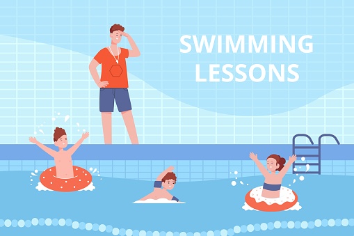 Childrens swimming coach. Swim lessons club, learn kid swimmers with instructor poolside, cartoon teacher and child group training exercise competition in pool, vector illustration of coach pool class