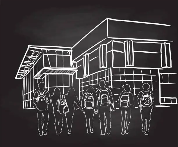 Vector illustration of Library Building Blackboard With Student