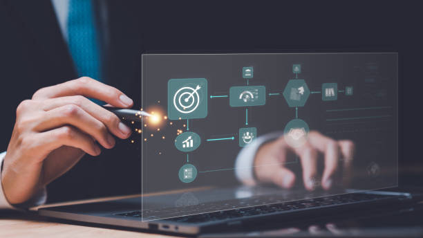 istock Businessman showing business process and workflow with virtual flowchart,planning and setting corporate growth goals ,Business Process Optimization ,Business solutions ,success strategy steps 1482755545