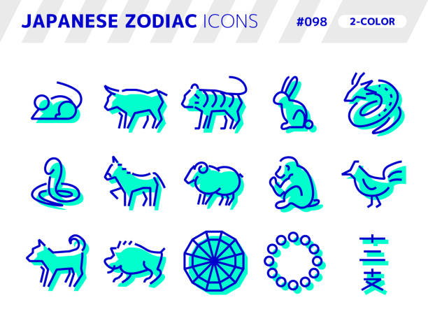 2-color style icon set related to japanese zodiac_098, Japanese text translation : 12 signs of the japanese zodiac 2-color style icon set related to japanese zodiac_098, Japanese text translation : 12 signs of the japanese zodiac year of the snake stock illustrations