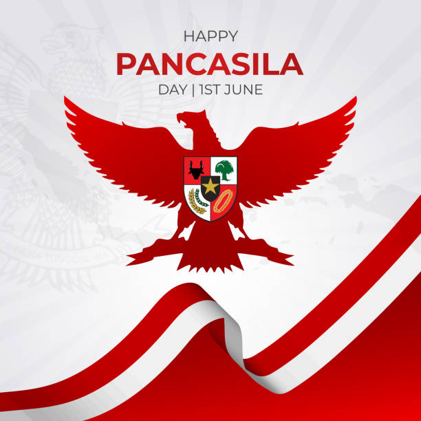 Happy Indonesian Pancasila day June 01st banner with flag and archipelago illustration design Happy Indonesian Pancasila day June 01st banner with flag and archipelago illustration design garuda pancasila stock illustrations