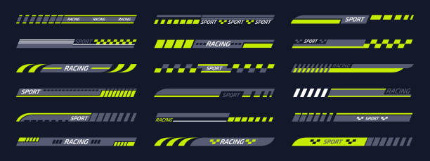 Tuning racing sport stripes. Sports racing stickers, sports car, motorbike and boat decals. Striped vehicle tuning bars flat vector illustration set Tuning racing sport stripes. Sports racing stickers, sports car, motorbike and boat decals. Striped vehicle tuning bars flat vector illustration set motorsport stock illustrations