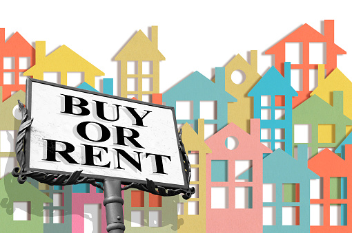 Rent or Buy concept with home icon, cityscape and advertising signs