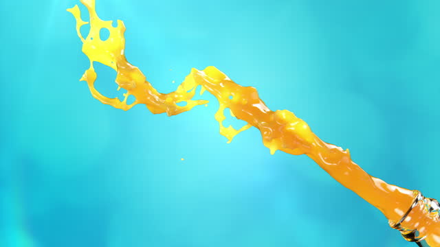 Slow motion Closeup Bottle opening Orange splash isolate on blue background motion. 3D Animation.