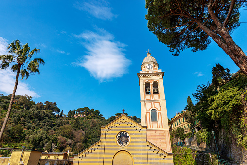 Portofino. Divo Martino Church in Lombard Romanesque style, XII century, Martin of Tours, religious saint. Tourist resort in Genoa Province, Liguria, Italy, Europe.
