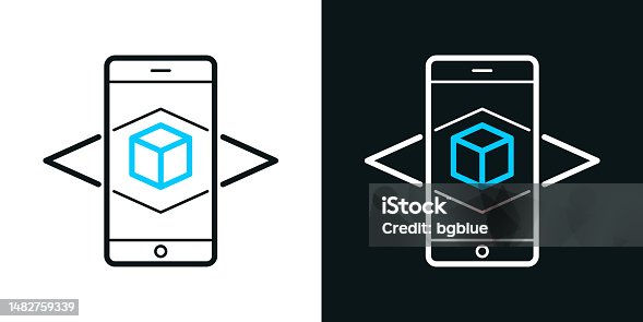 istock Augmented reality with smartphone. Bicolor line icon on black or white background - Editable stroke 1482759339