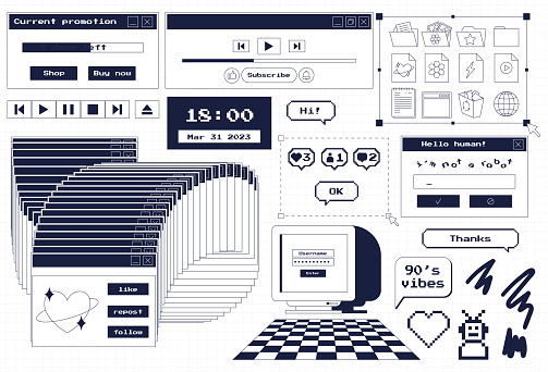 A set of user interface design elements in 80s, 90s retro style. Old computer aesthetics. Vintage nostalgic icons and windows. Folder icons, monitor, frozen dialog box, player. Vector illustration