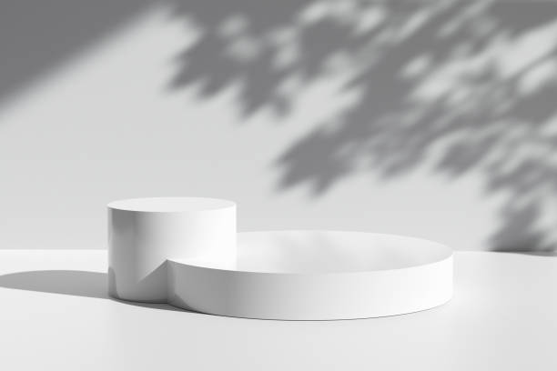 istock Two glossy white colored round podiums against white wall with tree leaf shadows and natural sunlight. 1482760509