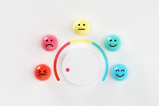 Negative customer or client satisfaction and ratings. Poor business service quality and negative feedback. Customer satisfaction meter knob with emoticon icons on colorful spheres. 3d render.
