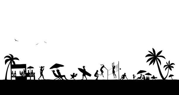 landscape of silhouette by People having fun on the beach in summer landscape of silhouette by People having fun on the beach in summer, beach volleyball beach silhouettes stock illustrations