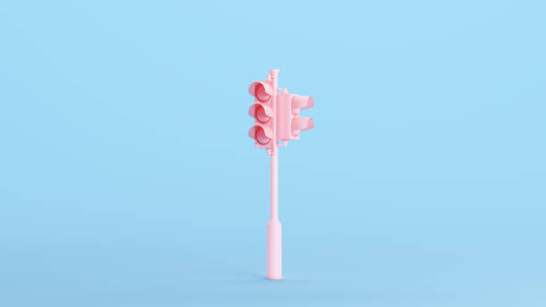 Pink Traffic Lights Intersections Crossings Stoplight Road Safety Signalling Kitsch Blue Background 3d illustration render digital rendering