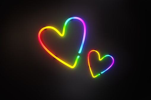 3D render illustration of glowing rainbow neon different sized hearts on black background