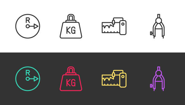 ustaw linię promień, waga, przyrząd pomiarowy i rysuj kompas na czarno-białym. wektor - gauge white kilogram black stock illustrations