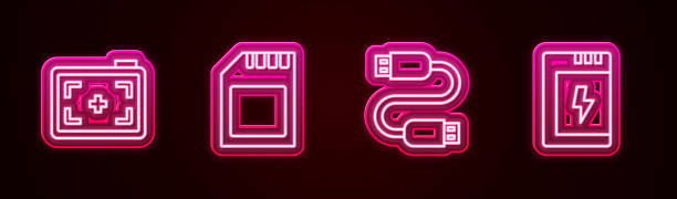 istock Set line Photo camera, SD card, USB cable cord and Battery for. Glowing neon icon. Vector 1482767189