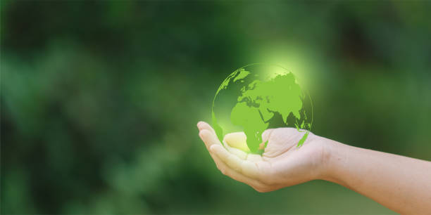 istock Human hand holding a green earth globe on blurred nature background, save the world concept 1482768515