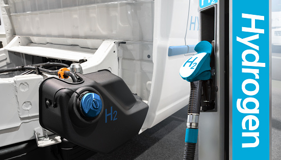 Self service hydrogen filling station on a background of truck