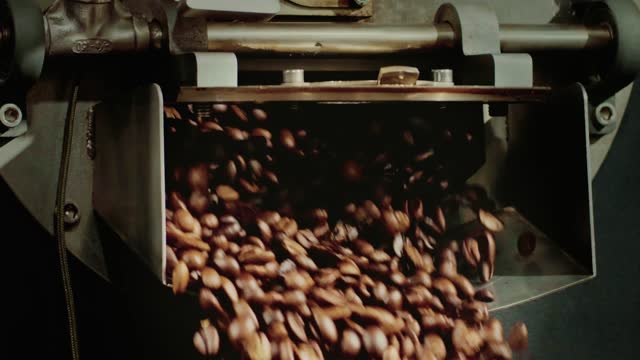 Coffee roaster machine de-stoning roasted coffee bean flowing into cooling plate stock video