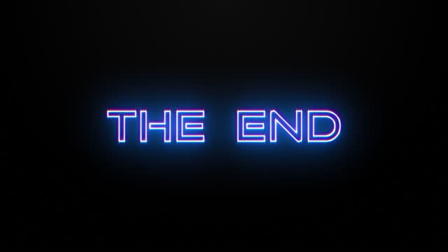 Animation text of THE END glitch blue neon text  effect with silver flash flickering light loop cinematic title animationn backgroud 4K 3D isolated seamless loop THE END glitch text effect element