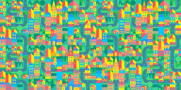 ilustrações, clipart, desenhos animados e ícones de trendy seamless vetor urbano abstrato bauhaus swiss geometric city pattern design modelo de fundo - 1466
