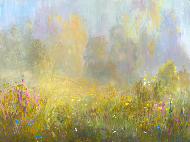 ilustrações de stock, clip art, desenhos animados e ícones de summer foggy morning in the forest, painting - paintings landscape fairy tale painted image