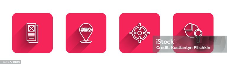 istock Set line Browser window, SEO optimization, Target sport and Magnifying glass and analysis with long shadow. Red square button. Vector 1482771808