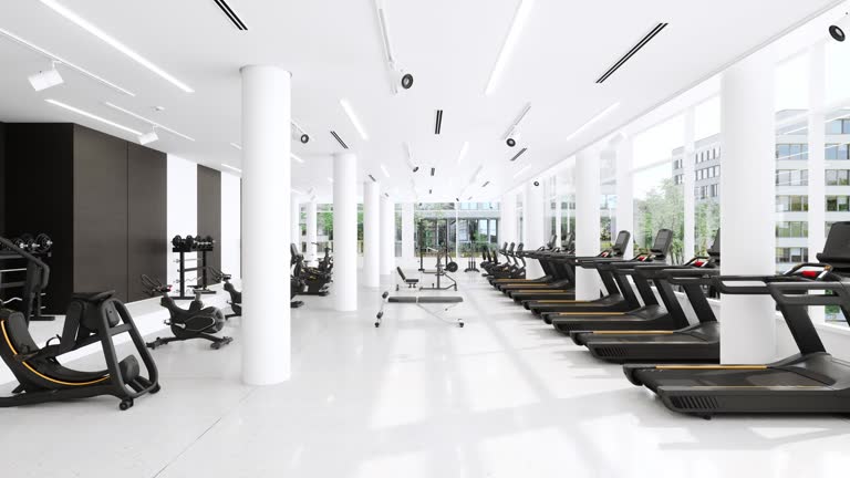 Modern Gym Interior With Treadmills, Exercise Bikes, Sports Equipments And City View Through Window , 3d Render